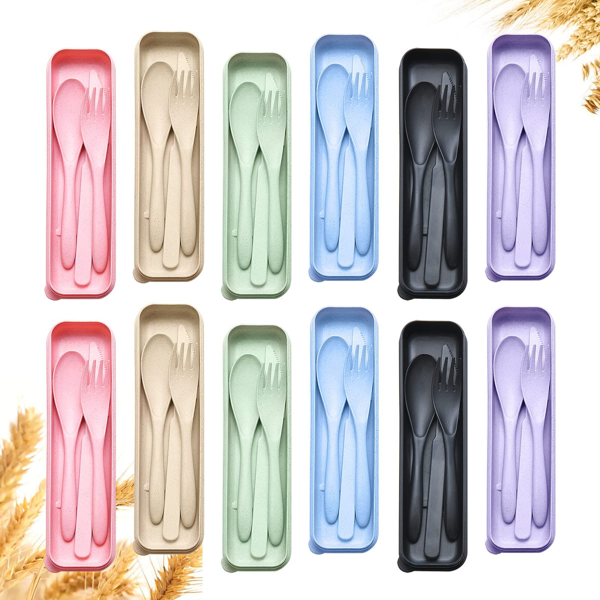 Reusable Travel Utensils Set with Case, 4 Sets Wheat Straw Portable Knife Fork Spoons Cutlery, Eco-Friendly BPA Free Plastic Tableware for Kids Adults Travel Picnic Camping Utensils
