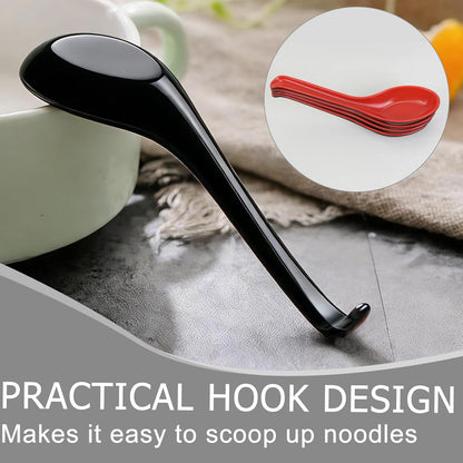 4PCS Asian Soup Spoons, Chinese Japanese Miso Ramen Wonton Dumpling Pho Rice Noodle Soba Soup Spoons, Red and Black Melamine Spoons