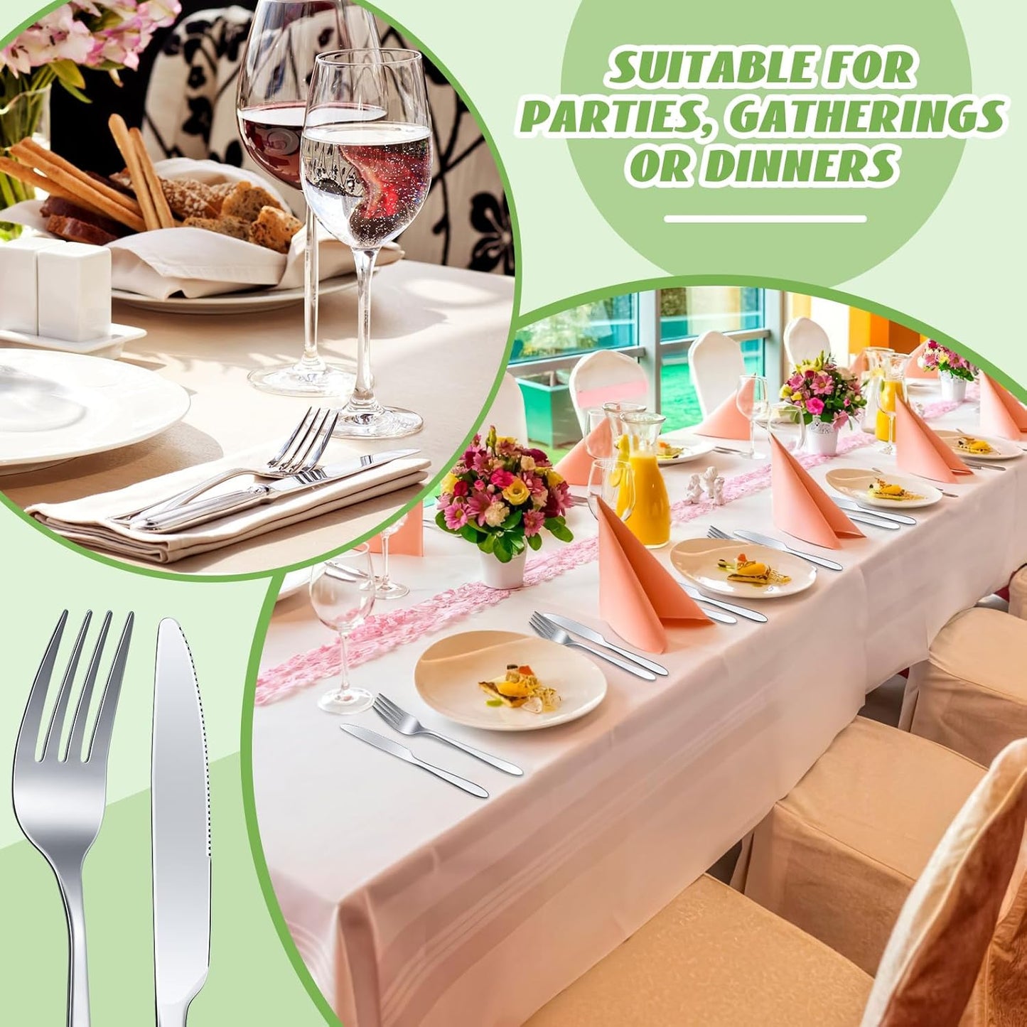 Nuenen 150 Pcs Stainless Steel Set 75 Dinner Forks and 75 Knives, Metal Steak Knives Forks Flatware Tableware Cutlery Set for Home Restaurant(Silver,8.4 x 0.7 Inch,7.1 x 1 Inches)