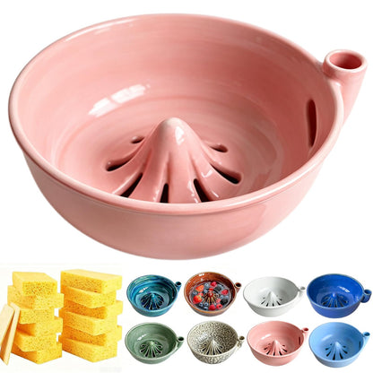 Self Spinning Ceramic Berry Washing Bowl with Drain Holes, 7'' Kitchen Fruit Washer Spinner Bowl with 10pcs Sponges，Blue
