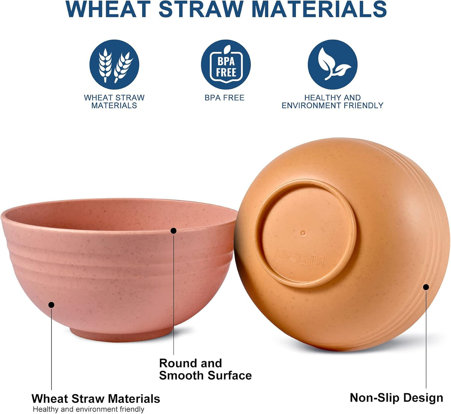 HOTEC BPA Free Unbreakable Wheat Straw Cereal Bowls - Microwave & Dishwasher Safe Soup and Salad Bowls, Set of 8, 26oz, Multicolor