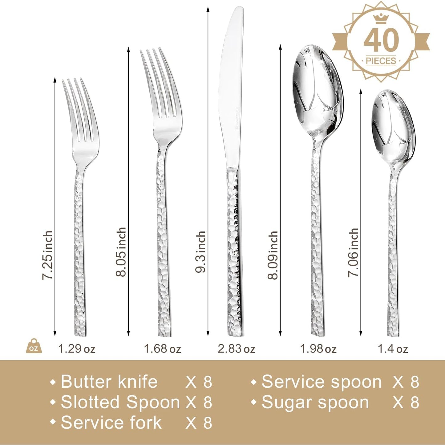 40 Piece Hammered Silverware Set, 18/10 Stainless Steel Flatware Set for 8 | KINGSTONE Mirror Polished Knives Forks Spoons Utensils, Cutlery Set for Home, Party, Wedding, Housewarming, Dishwasher Safe