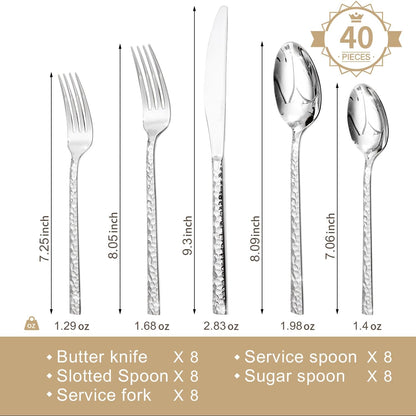 40 Piece Hammered Silverware Set, 18/10 Stainless Steel Flatware Set for 8 | KINGSTONE Mirror Polished Knives Forks Spoons Utensils, Cutlery Set for Home, Party, Wedding, Housewarming, Dishwasher Safe