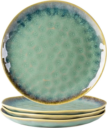 Henten Home Ceramic Dinner Plate Set, 11 Inch Porcelain Pizza, Pasta, Salad Plates, Irregular Shape Steak Plates Set of 4, Stoneware Serving Dishes for Kitchen (Green)