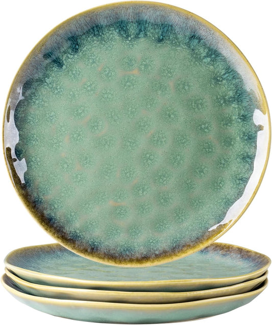 Henten Home Ceramic Dinner Plate Set, 11 Inch Porcelain Pizza, Pasta, Salad Plates, Irregular Shape Steak Plates Set of 4, Stoneware Serving Dishes for Kitchen (Green)