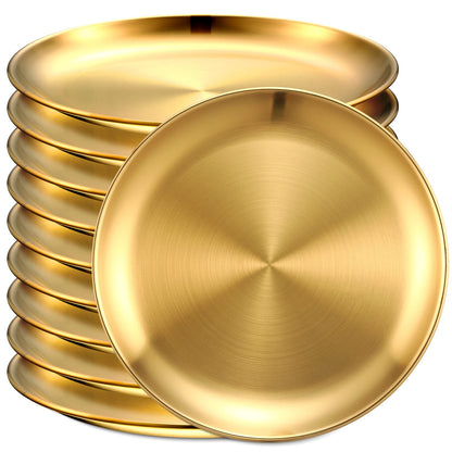 Honeydak 10 Pcs Stainless Steel Plates 8 Inch 304 Metal Dinner Plates Unbreakable Dish Camping Plate Reusable 18/8 Silver Round Plate Non Toxic Dishwasher Safe Double Layers Serving Salad Dessert