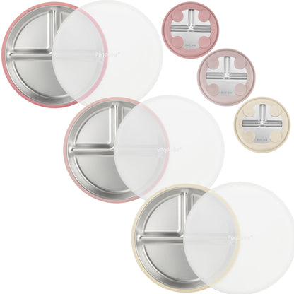 PandaEar 3 Pack Stainless Steel Baby Suction Plates, Divided Toddler Plate for Baby Led Weaning Supplies, Non-Slip Toddler Baby Feeding Set Dishwasher Safe (Blue/Green/Brown)