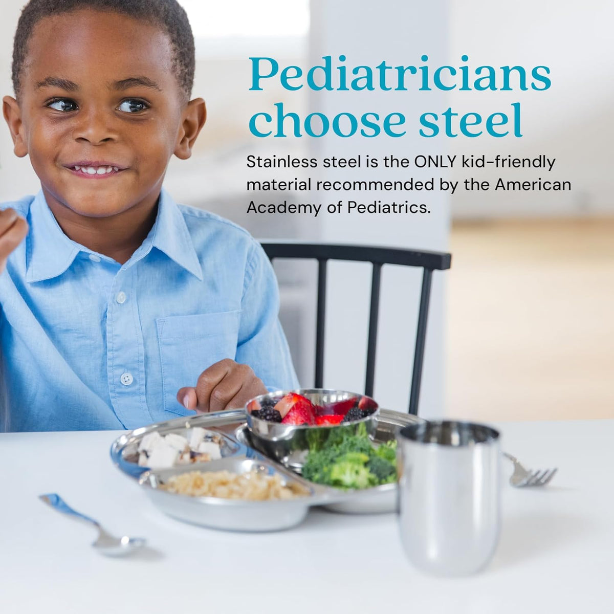 Ahimsa Stainless Steel Kids Dinnerware Set, Classic Stainless, 5-Piece Set | Includes Divided Plate, Cup, Bowl, Fork & Spoon, Pediatrician Designed Toddler Plates, Non-Toxic & BPA Free, Dishwasher Safe