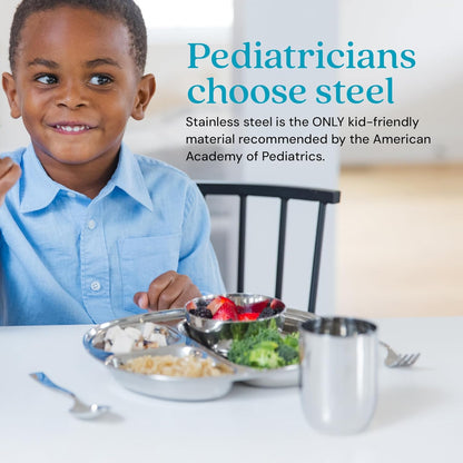 Ahimsa Stainless Steel Kids Dinnerware Set, Classic Stainless, 5-Piece Set | Includes Divided Plate, Cup, Bowl, Fork & Spoon, Pediatrician Designed Toddler Plates, Non-Toxic & BPA Free, Dishwasher Safe