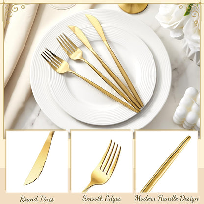 100 Pcs Gold Forks and Knives Cutlery Set Stainless Steel Steak Knives Forks Flatware Royal Silverware Set for Wedding Party Restaurant Dishwasher Safe
