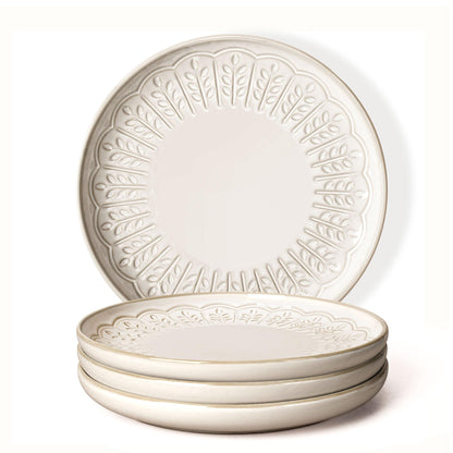 Large Ceramic Dinner Plates Set Of 4, 10.75 Inch Embossed Kitchen Salad Plates, Modern Serving Plates For Restaurant, Plates With Lipped Edges, Microwave Dishwasher Safe (Multiple Patterns)