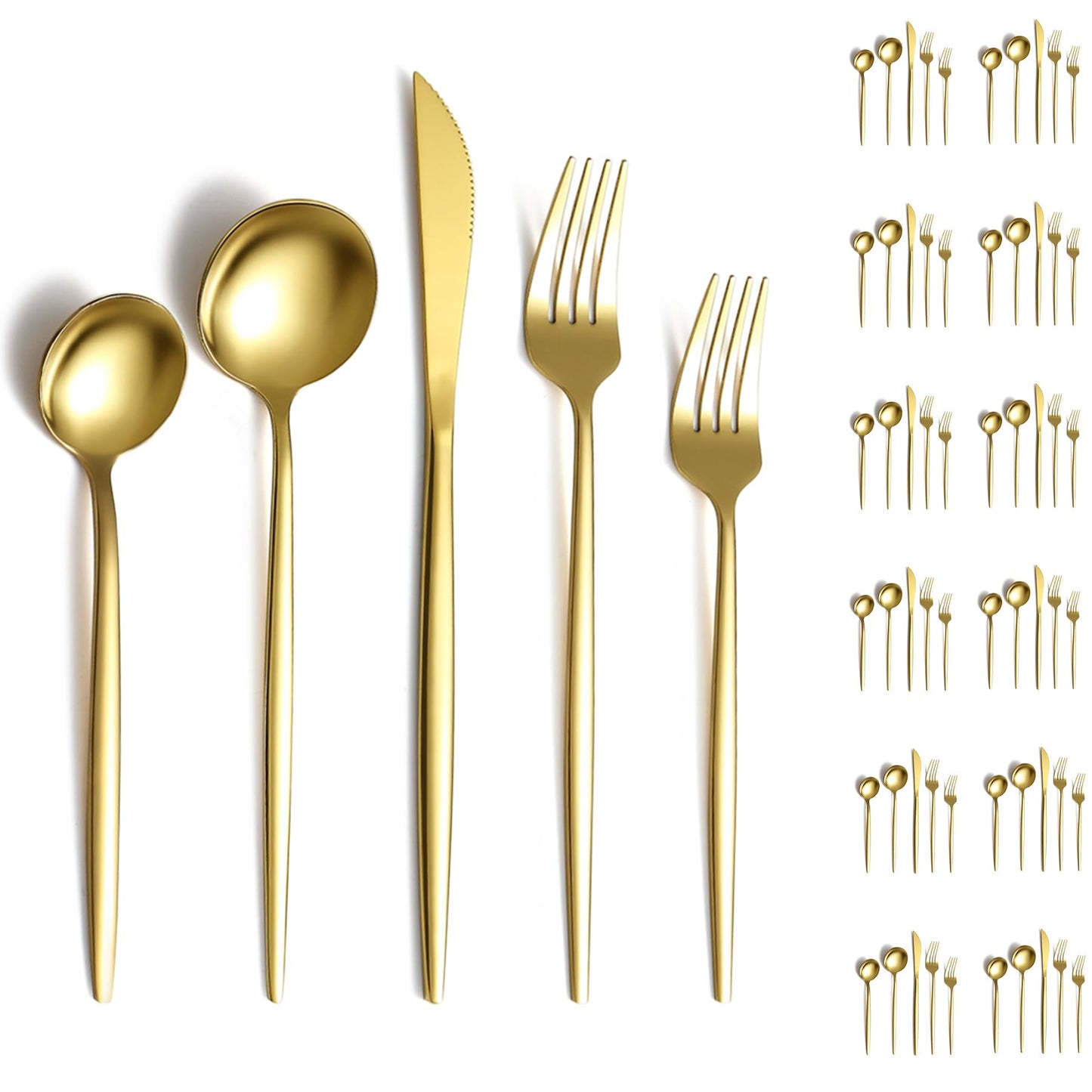 Evanda Gold Silverware Set 60 Piece Service for 20, Titanium Gold Plated Stainless Steel Flatware Set, Knives Forks Spoons Cutlery Set for Wedding, Parties, Birthday, Restauroom, Dishwasher Safe