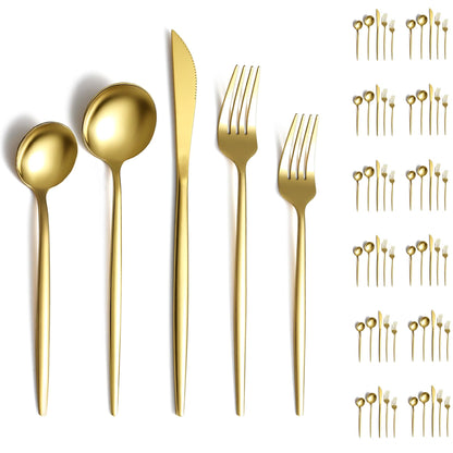 Evanda Gold Silverware Set 60 Piece Service for 20, Titanium Gold Plated Stainless Steel Flatware Set, Knives Forks Spoons Cutlery Set for Wedding, Parties, Birthday, Restauroom, Dishwasher Safe