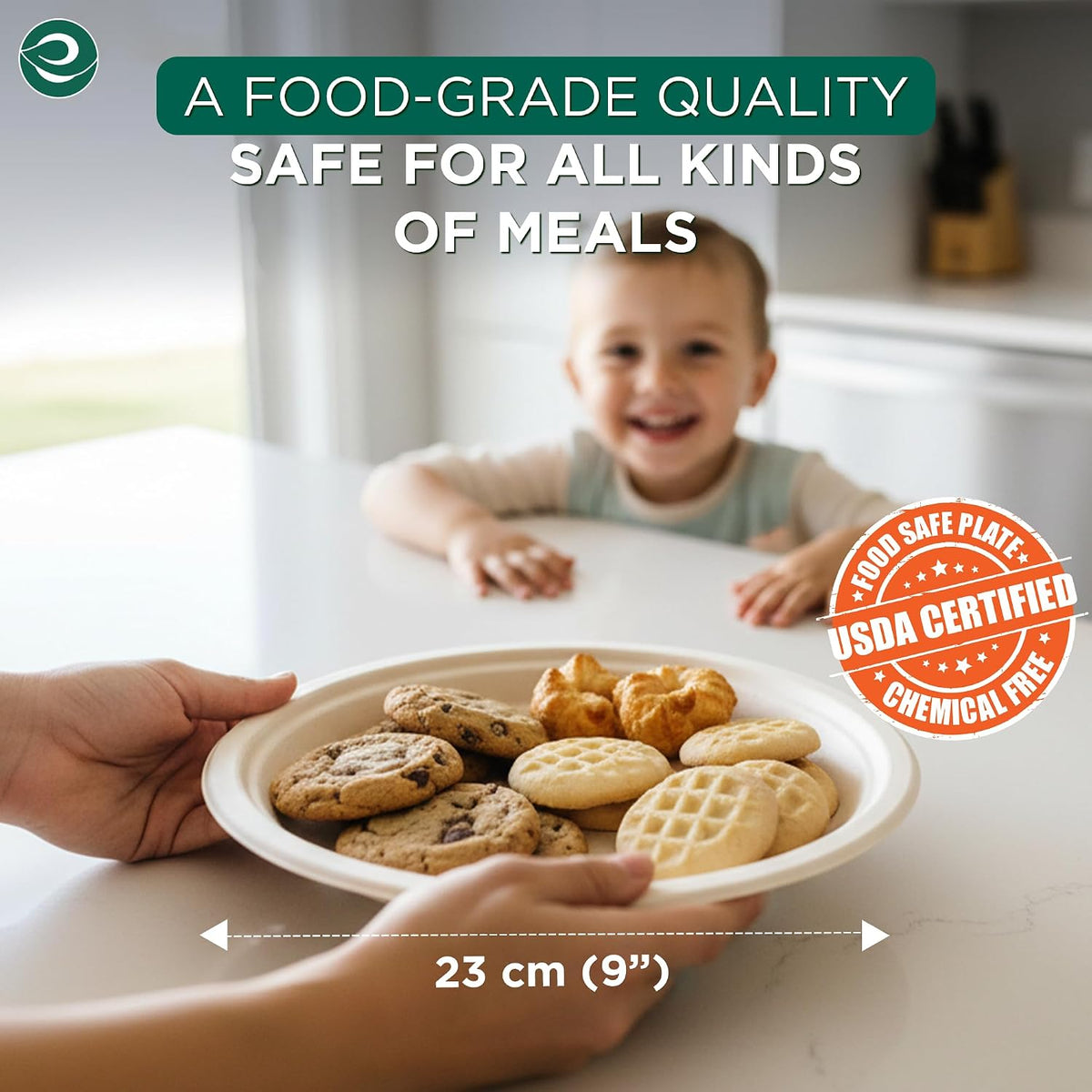 ECO SOUL 9 Inch Disposable Bagasse Paper Plates (100 Pack, Round) | Natural, Compostable, 100% Virgin Bagasse Pulp, Heavy Duty, Biodegradable, Microwave Safe, Food Safe, Eco-Friendly
