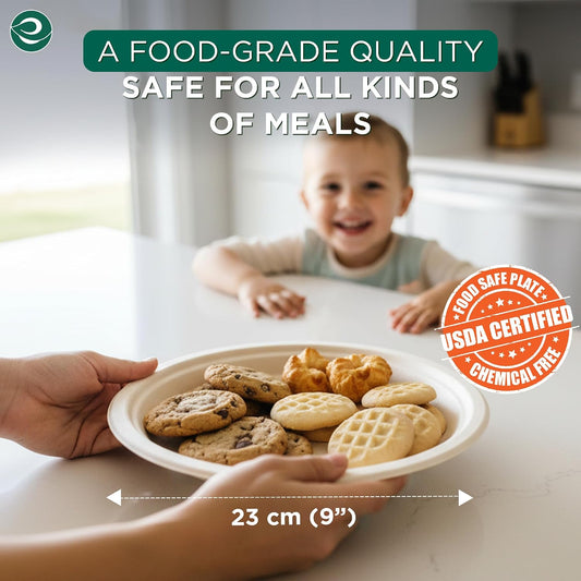 ECO SOUL 9 Inch Disposable Bagasse Paper Plates (100 Pack, Round) | Natural, Compostable, 100% Virgin Bagasse Pulp, Heavy Duty, Biodegradable, Microwave Safe, Food Safe, Eco-Friendly