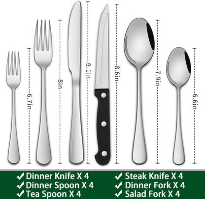24-Piece Silverware Set with Steak Knives,Flatware Set Service for 4 Person, Food-Grade Stainless Steel Cutlery Set,Includes Knife Spoon And Fork, Mirror Finished Utensil Sets for Home Restaurant