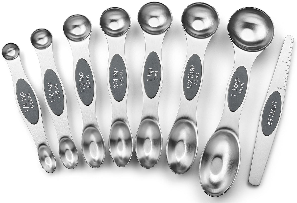 Spring Chef Magnetic Measuring Spoons Set of 8 for Kitchen, Multicolor | Stainless Steel Teaspoon & Tablespoon Measuring Spoons with Leveler for Dry & Liquid Ingredients, Dual Sided, Dishwasher Safe