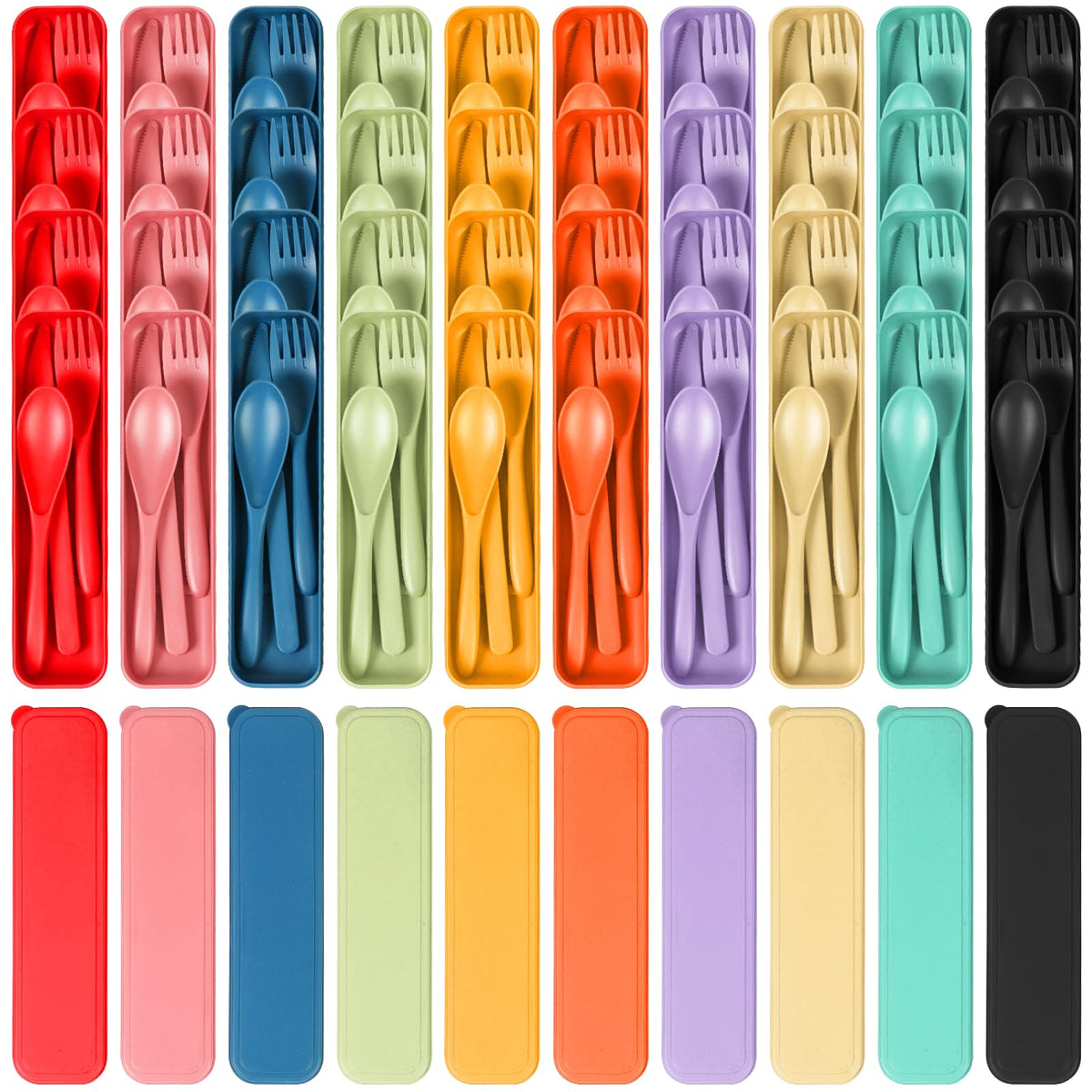 Reusable Travel Utensils Set with Case, 4 Sets Wheat Straw Portable Knife Fork Spoons Cutlery, Eco-Friendly BPA Free Plastic Tableware for Kids Adults Travel Picnic Camping Utensils