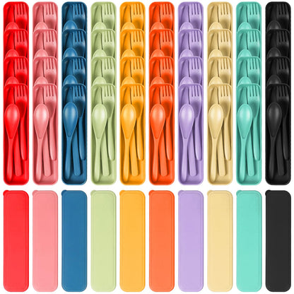 Reusable Travel Utensils Set with Case, 4 Sets Wheat Straw Portable Knife Fork Spoons Cutlery, Eco-Friendly BPA Free Plastic Tableware for Kids Adults Travel Picnic Camping Utensils