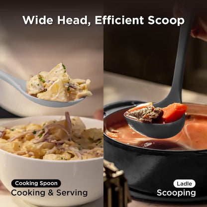 Kitchen Mama DuoEssentials Ladle & Cooking Spoon Set, Metal Gray | Silicone, Heat Resistant, One-Piece Design, For Nonstick Cookware, For Soup, Stirring, Serving & Sauteing