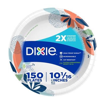 Dixie Large Paper Plates, 10 Inch, 150 Count, 2X Stronger*, Microwave-Safe, Soak-Proof, Cut Resistant, Disposable Plates For Everyday Breakfast, Lunch, & Dinner Meals