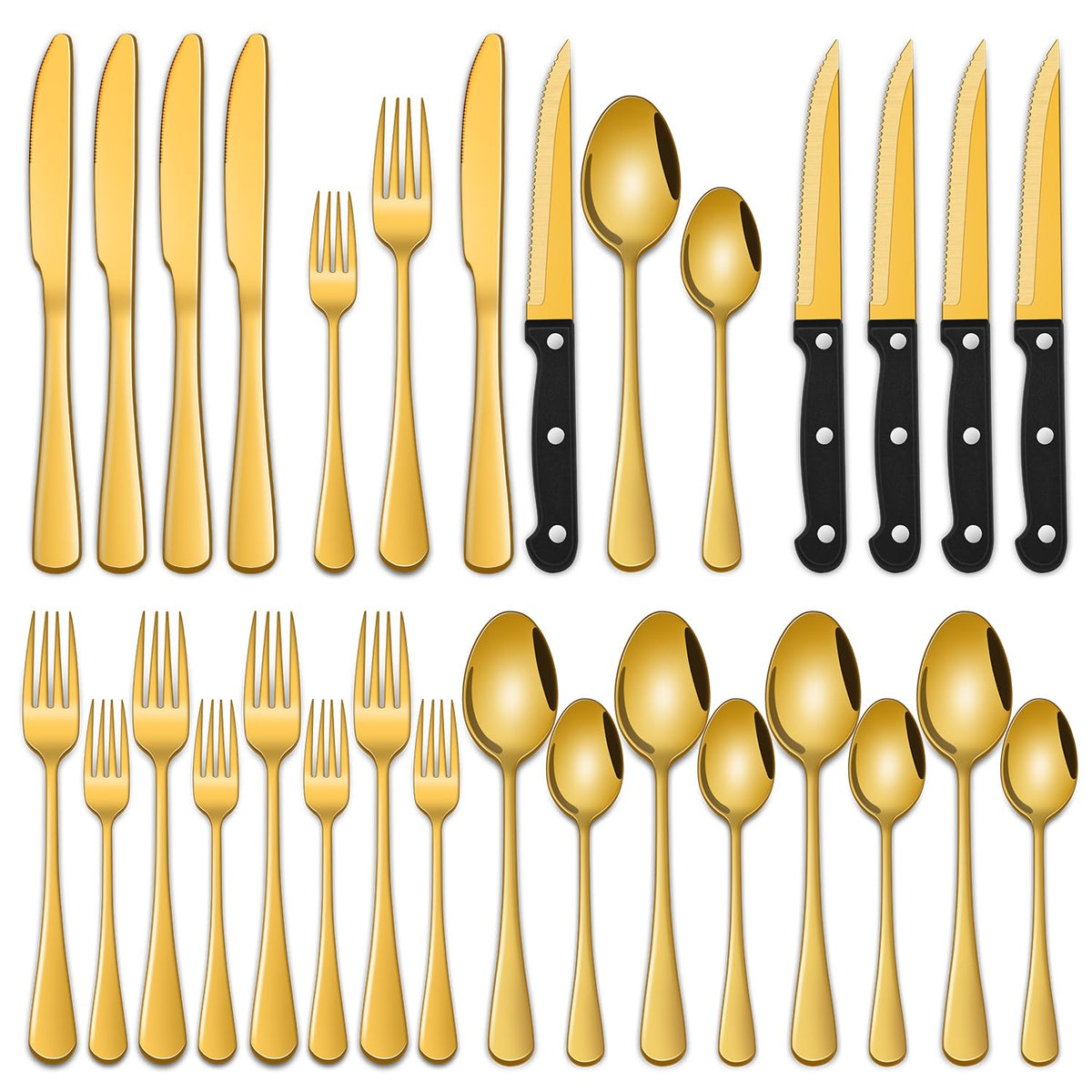 24-Piece Silverware Set with Steak Knives,Flatware Set Service for 4 Person, Food-Grade Stainless Steel Cutlery Set,Includes Knife Spoon And Fork, Mirror Finished Utensil Sets for Home Restaurant