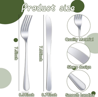24 Pcs Stainless Steel Silverware Dinner Fork and Knife Set Flatware Forks Silver Tableware Cutlery Set Bulk for Kitchen Restaurant Home (8.1X 1 Inch, 8 X 0.8 Inch)