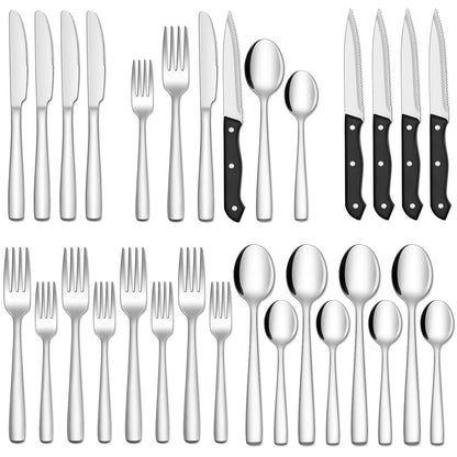 HIWARE 48-Piece Silverware Set with Steak Knives for 8, 18/8 Stainless Steel Flatware Cutlery Set For Home Kitchen Restaurant Hotel, Kitchen Utensils Set, Mirror Polished, Dishwasher Safe