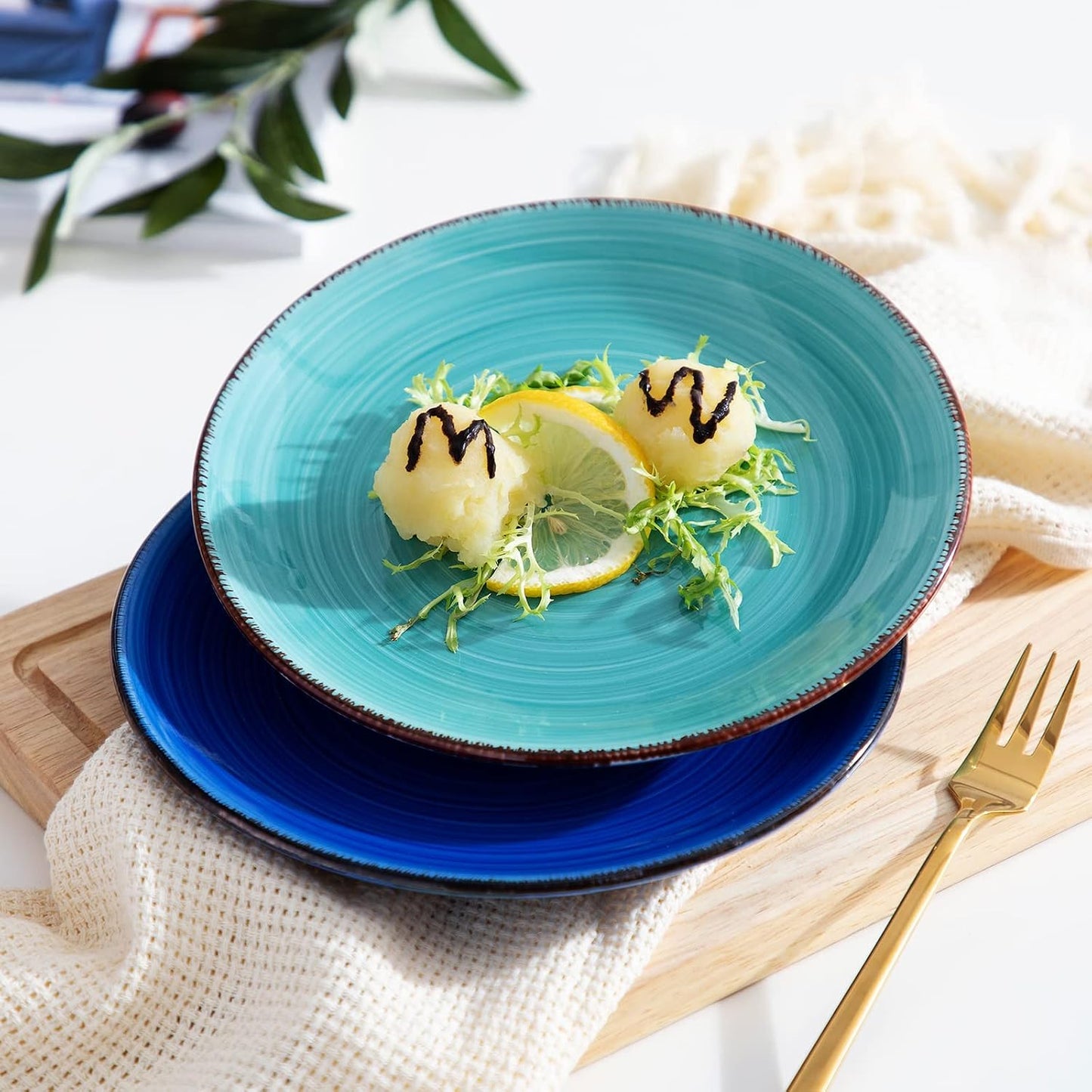 vancasso Bonita Blue Salad Plate Set of 6, 7.5 Inch Ceramic Dinner Plate, Dishwasher and Microwave Safe
