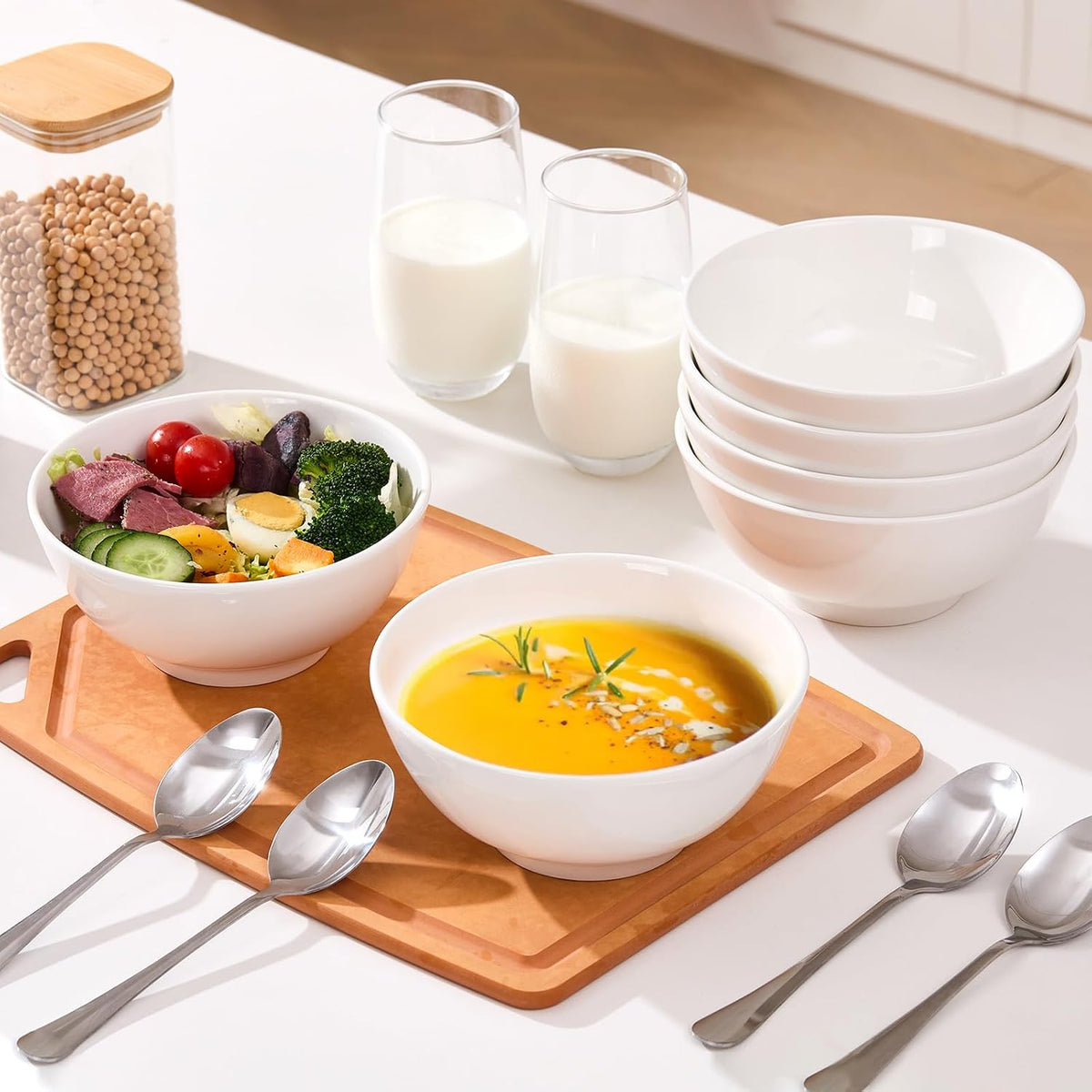 VENVENWEAVS 30 OZ White Thickened Ceramic Bowls Set of 6 Complimentary 6 Spoons, Large Reinforced Ceramic Bowls Perfect for Soup,Salad,Cereal, Ramen And More,Microwave&Dishwasher Safe