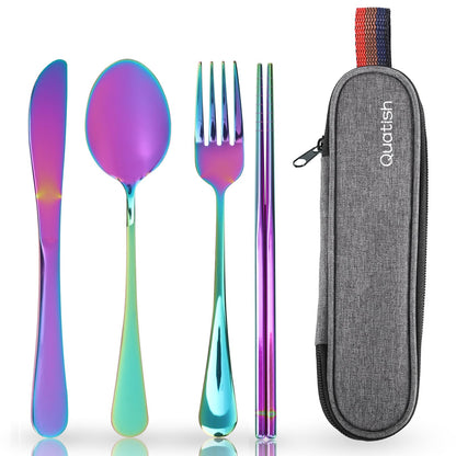 Travel Utensils with Case, Quatish Portable Silverware Set for Work, Stainless Steel Reusable Travel Cutlery Set, Fork and Spoon Set for Camping, Picnic, Gadgets, Lunch Box for Men, Black
