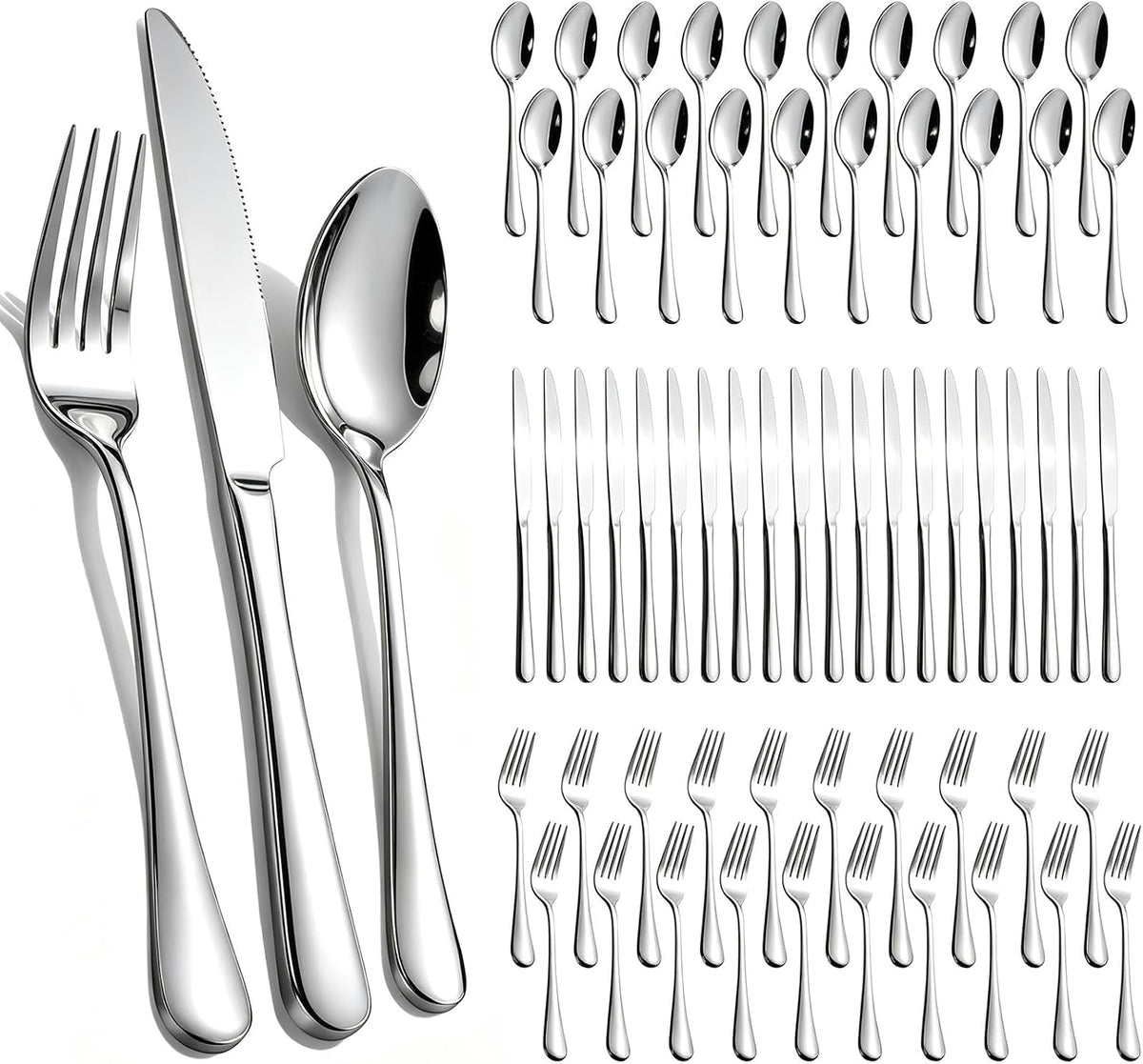60-Piece Silverware Set for 20 - Stainless Steel Flatware Cutlery Set, Mirror Polished Flatware Set Include Forks Spoons Knives for Home Wedding Restaurant, Dishwasher Safe, Silver, 60 PCS