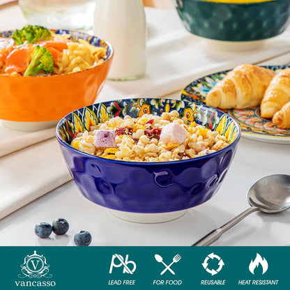 vancasso 26 Oz Ceramic Cereal Bowls Set of 6, Bohemian Soup Salad Bowls | Microwave and Dishwasher Safe, Handcrafted Bohemian Design with Vibrant Glaze, Versatile for Soup, Salad, Pasta, Cereal