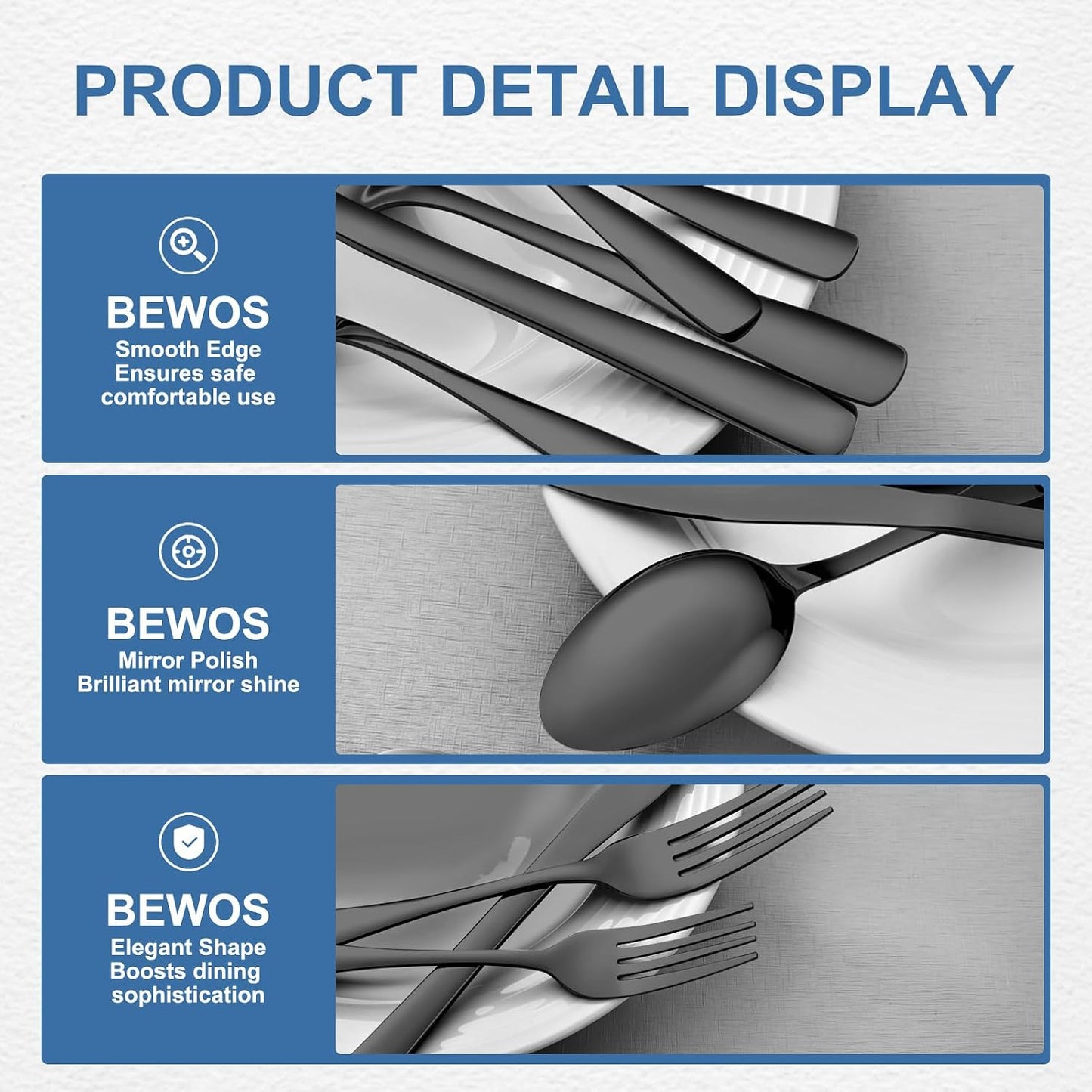 BEWOS 20 Piece silverware set - Service for 4, Black Stainless Steel Silverware Set with Mirror Polishing, Including Knives, Forks and Spoons, Dishwasher Safe, Flatware Set Suitable for Home Kitchens