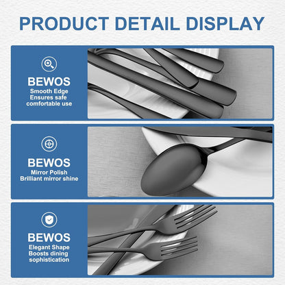 BEWOS 20 Piece silverware set - Service for 4, Black Stainless Steel Silverware Set with Mirror Polishing, Including Knives, Forks and Spoons, Dishwasher Safe, Flatware Set Suitable for Home Kitchens