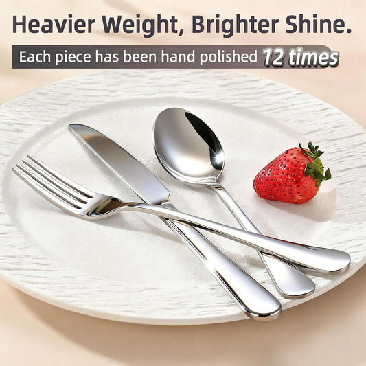60 Piece Bulk Silverware Set for 20, Stainless Steel Heavy Forks Spoons and Knives Set, Mirror Finish Flatware Dishwasher Safe for Family Picnics Daily Gatherings