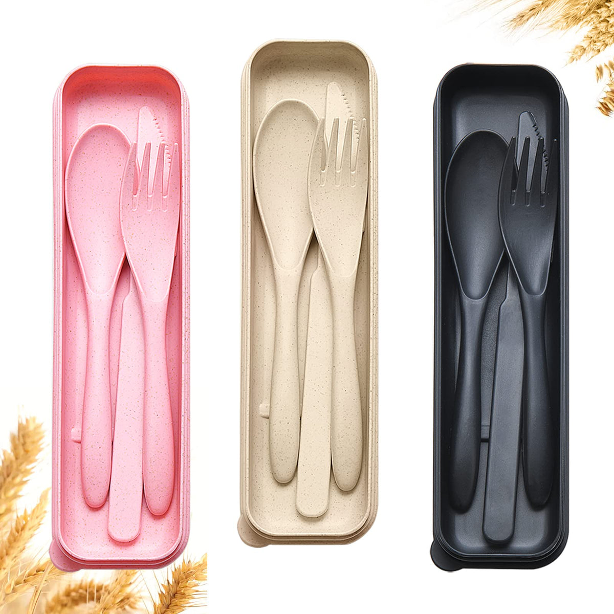 Reusable Travel Utensils Set with Case, 4 Sets Wheat Straw Portable Knife Fork Spoons Cutlery, Eco-Friendly BPA Free Plastic Tableware for Kids Adults Travel Picnic Camping Utensils