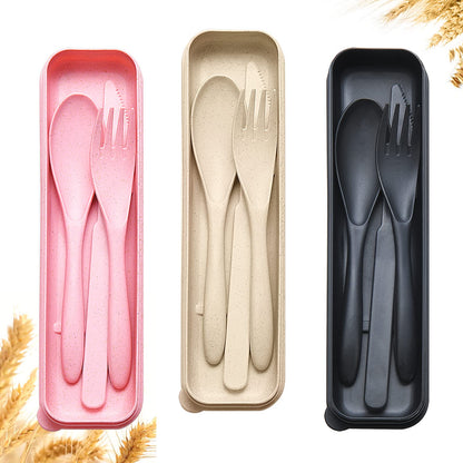 Reusable Travel Utensils Set with Case, 4 Sets Wheat Straw Portable Knife Fork Spoons Cutlery, Eco-Friendly BPA Free Plastic Tableware for Kids Adults Travel Picnic Camping Utensils