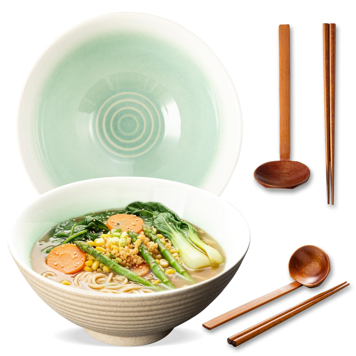 8 Inch Ceramic Ramen Bowl Set of 2, 40oz Japanese Bowls with Spoons & Chopsticks,Durable,Microwave & Dishwasher Safe,Perfect for Ramen,Pho,Salad,Soup,Noodles，Mixing bowls（Verdigris Green）