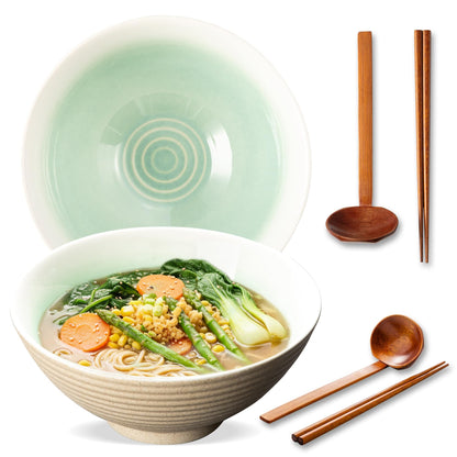 8 Inch Ceramic Ramen Bowl Set of 2, 40oz Japanese Bowls with Spoons & Chopsticks,Durable,Microwave & Dishwasher Safe,Perfect for Ramen,Pho,Salad,Soup,Noodles，Mixing bowls（Verdigris Green）