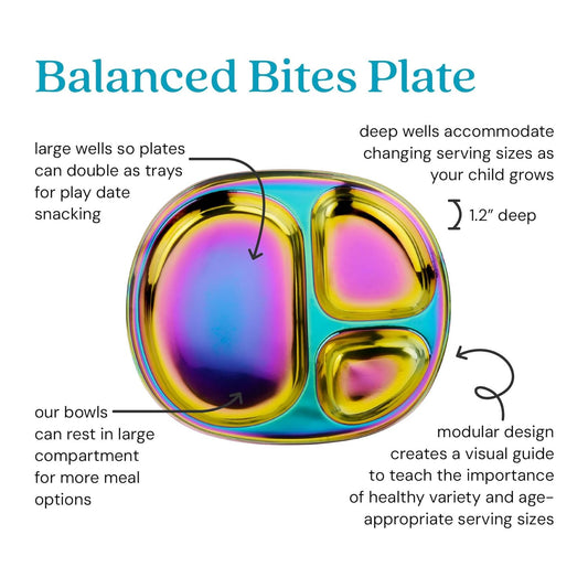 Ahimsa Stainless Steel Kids Divided Plate, Rainbow, 1 Plate | Pediatrician Designed, Food Grade Stainless Steel Toddler Plate, Non-Toxic & BPA Free, Dishwasher Safe, Break Resistant