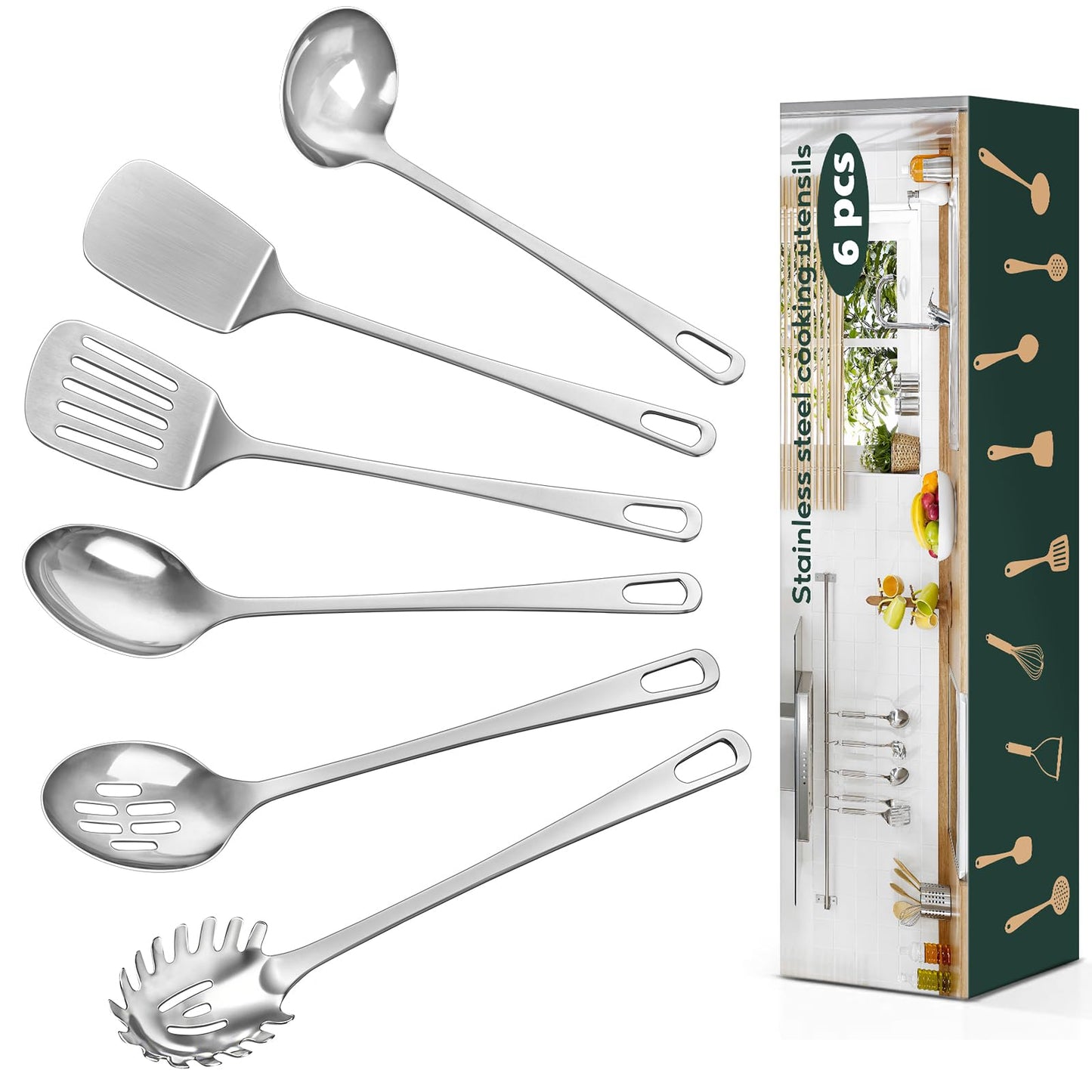 4 Pcs Cooking Utensils Set, Stainless Steel Kitchen Utensils, Heat Resistant Metal Kitchen Tools Include Solid & Slotted Turner Wok Spatula, Serving Spoon, Ergonomic Handle, Easy to Clean, Silver
