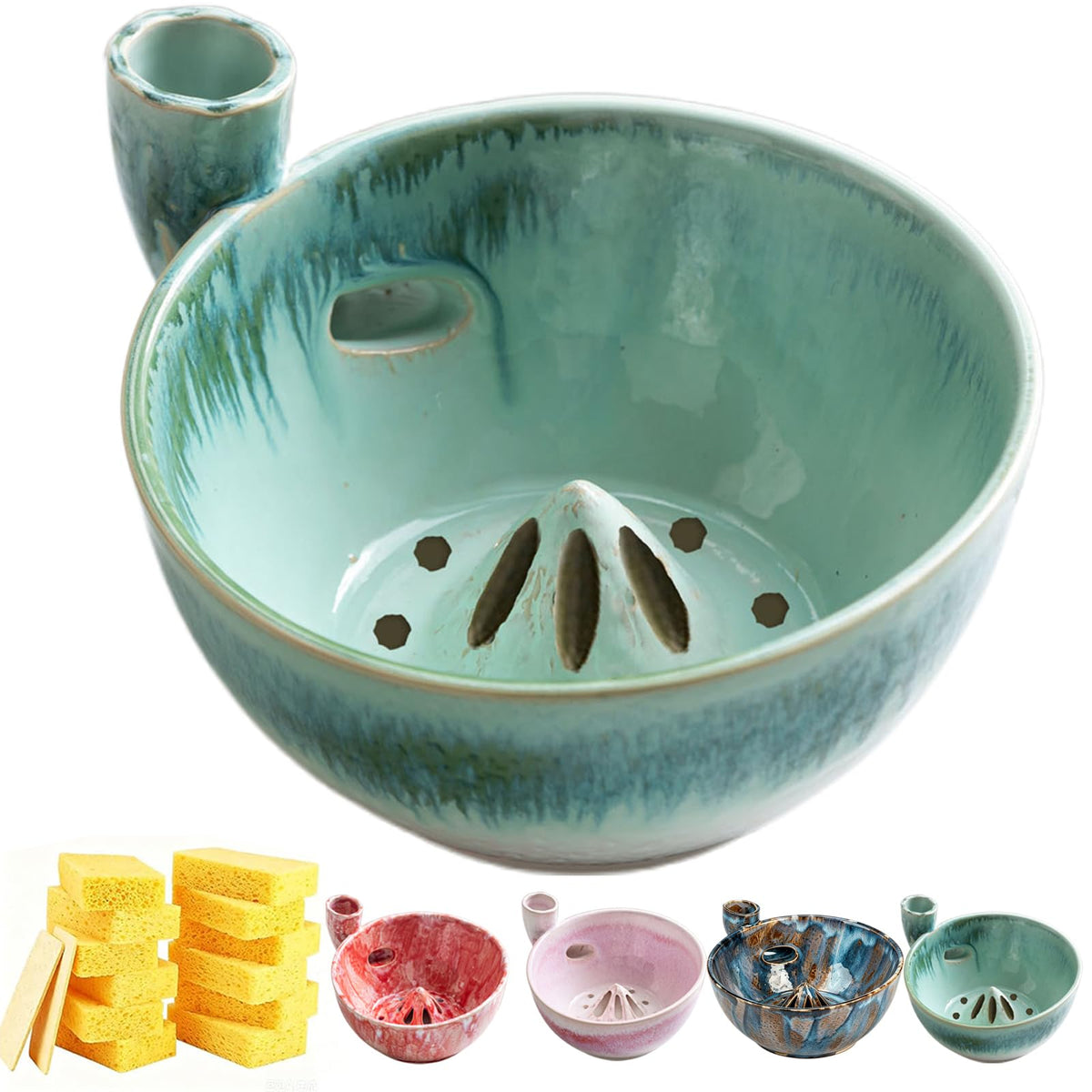 Self Spinning Ceramic Berry Washing Bowl with Drain Holes, 7'' Kitchen Fruit Washer Spinner Bowl with 10pcs Sponges，Blue