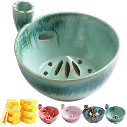 Self Spinning Ceramic Berry Washing Bowl with Drain Holes, 7'' Kitchen Fruit Washer Spinner Bowl with 10pcs Sponges，Blue