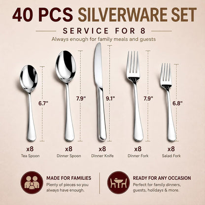 KIKCOIN 40 Pack Silverware Set for 8, Food-Grade Stainless Steel Flatware Set, Heavy Duty Mirror Polished Cutlery Utensils Set with Knives Spoons and Forks Set for Home Kitchen Restaurant Wedding
