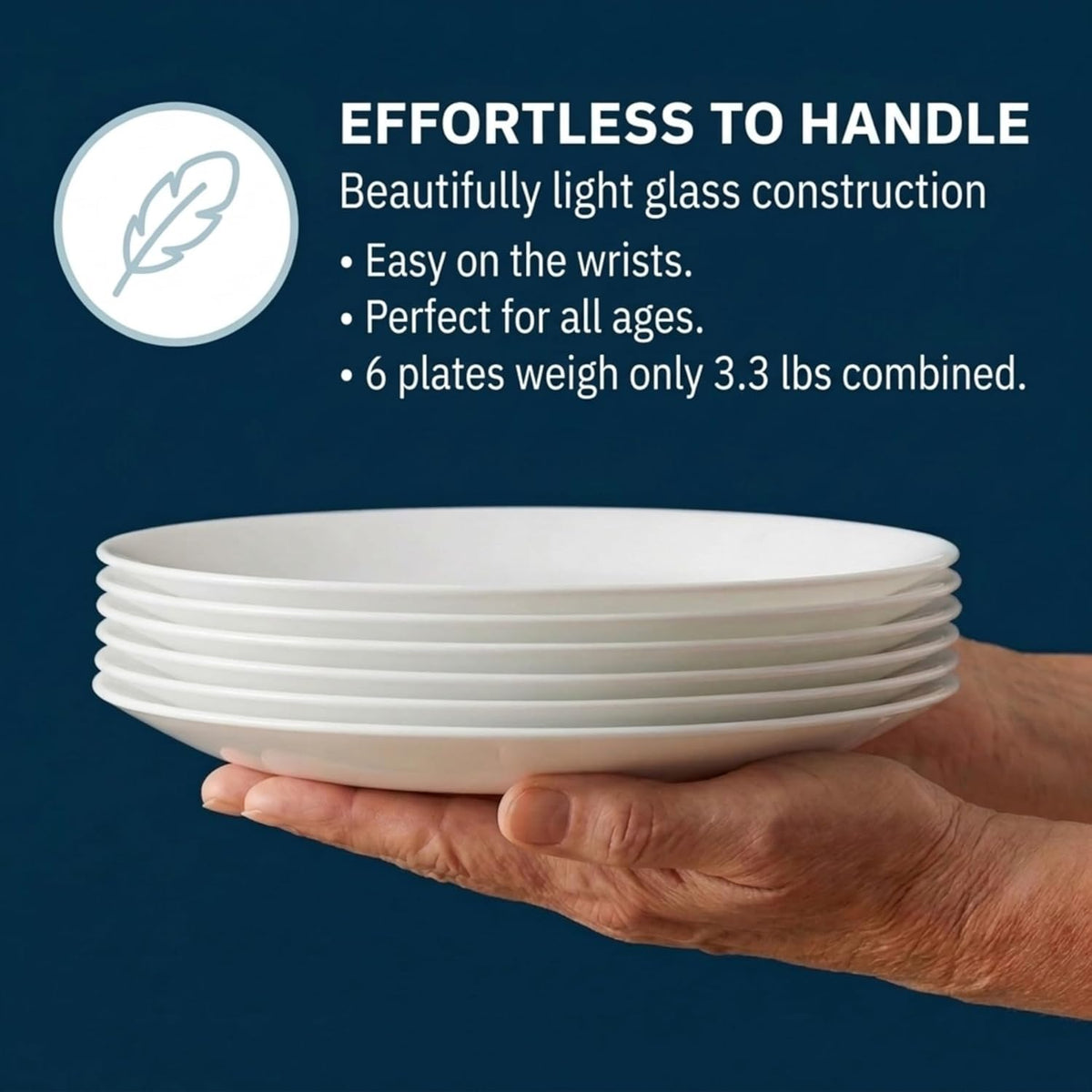 Corelle Vitrelle 6-Piece Salad Plates Set Triple Layer Glass and Chip Resistant, 8-1/2-Inch Lightweight Round Plates, Winter Frost White