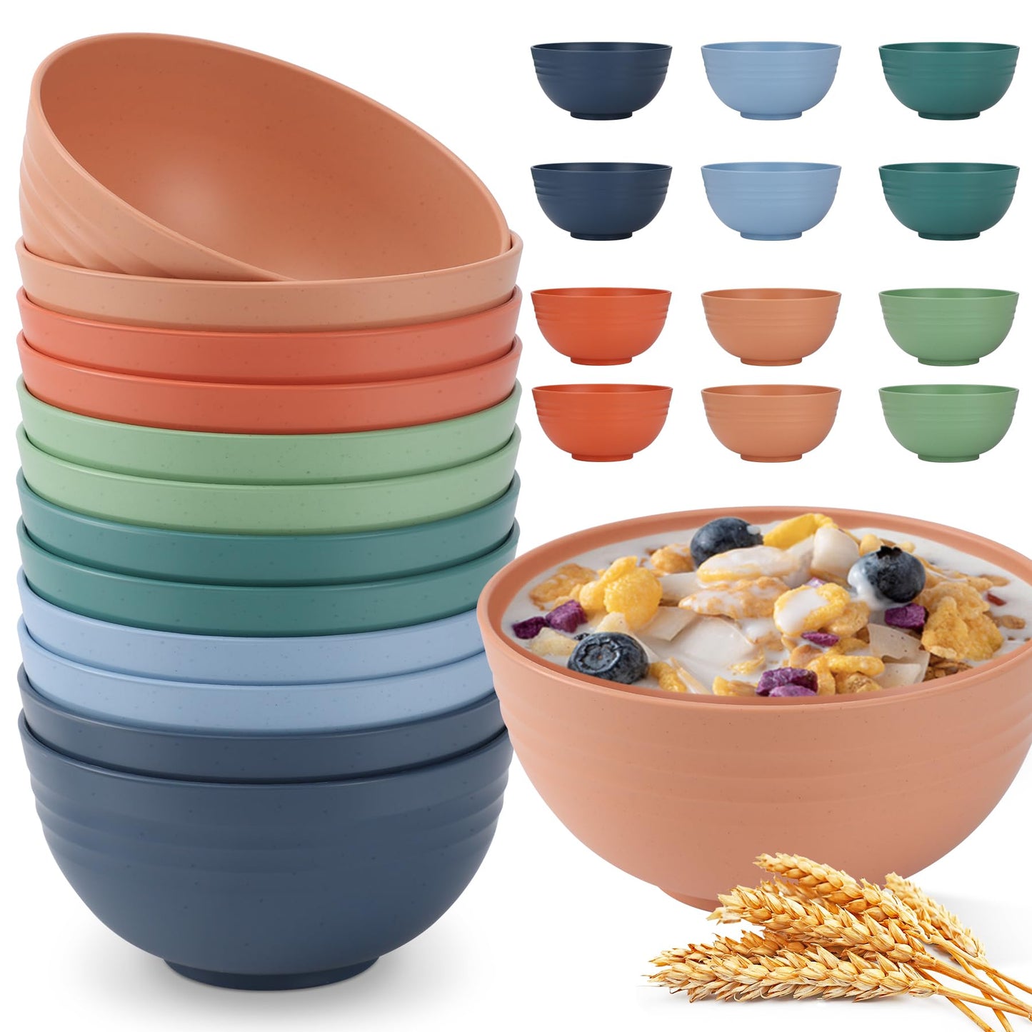 HOTEC BPA Free Unbreakable Wheat Straw Cereal Bowls - Microwave & Dishwasher Safe Soup and Salad Bowls, Set of 8, 26oz, Multicolor