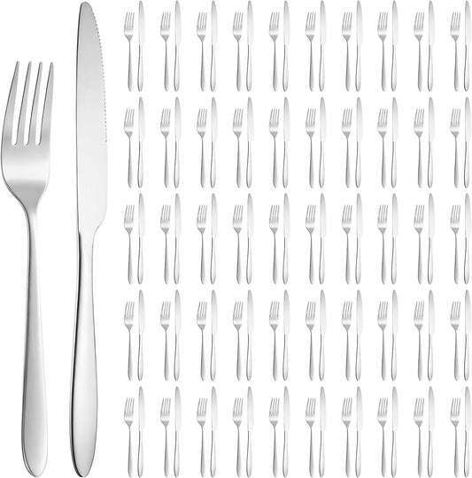 200 Pcs Stainless Steel Silverware Set, 100 Dinner Forks and 100 Knives, Flatware Cutlery Set, Mirror Polished Dishwasher Safe Tableware for Home, Restaurant, Catering and Kitchen