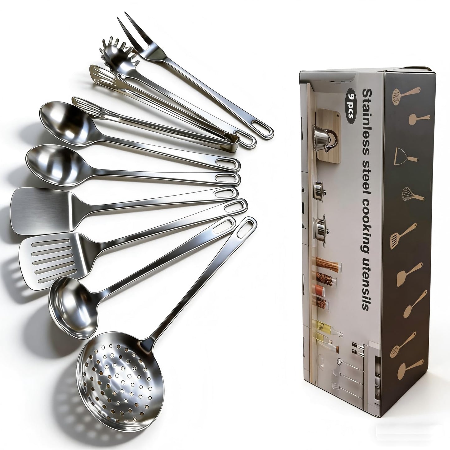 4 Pcs Cooking Utensils Set, Stainless Steel Kitchen Utensils, Heat Resistant Metal Kitchen Tools Include Solid & Slotted Turner Wok Spatula, Serving Spoon, Ergonomic Handle, Easy to Clean, Silver
