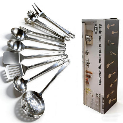 4 Pcs Cooking Utensils Set, Stainless Steel Kitchen Utensils, Heat Resistant Metal Kitchen Tools Include Solid & Slotted Turner Wok Spatula, Serving Spoon, Ergonomic Handle, Easy to Clean, Silver